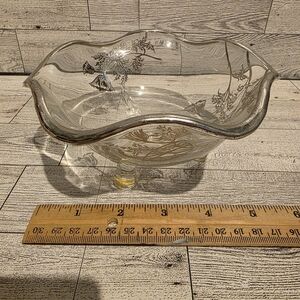 Clear Floral Etched Glass Compote Bowl - Scalloped Edge